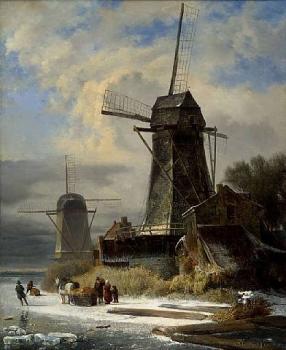 安德列亞斯 Schelfhout Paysage d'Hiver au Moulin